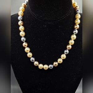 Kissaka Glass Faux Pearl Necklace Hand Knotted Cream  Champagne & Blu-ish Silver